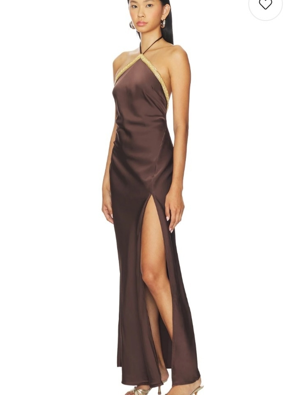 REVOLVE Brown One-Shoulder Satin Maxi Dress with Gold Trim